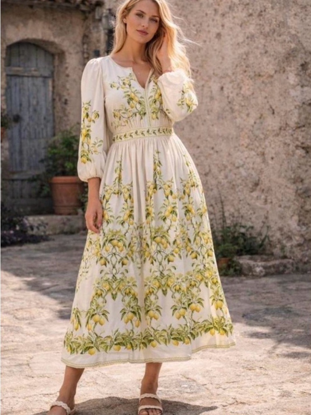 Women's Lemon-Print Cream Maxi Dress